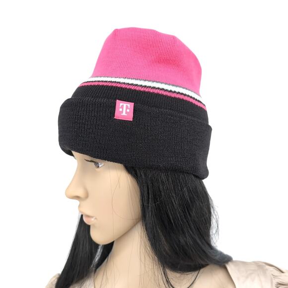 T-Mobile Reversible Unisex One Size Magenta & Black Knit Beanie Winter Hat - New - Picture 2 of 13
